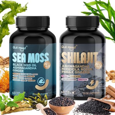 Quit mood Sea Moss + Shilajit Supplement - 8-in-1 Ultra Strength Herbal Formula with Ashwagandha, Rhodiola, Ginseng & Black Seed Oil - Immune Support, Energy & Vitality - 120 Capsules
