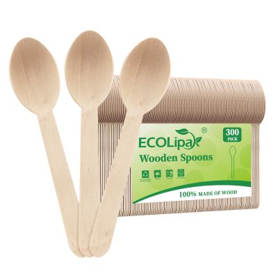 ECOLipak 300 Count Wooden Disposable Spoons, Compostable Wooden Spoons for Party, Camping, Traveling, Family Dinners