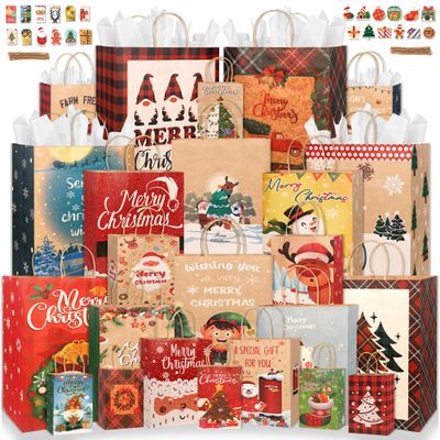 qonimi 24 Christmas Gift Paper Bags Bulk with handles Wrapping, Xmas Holiday Presents Christmas Gift Bags Party Favors(6 Jumbo,6 Large,6 Medium,6 Small)
