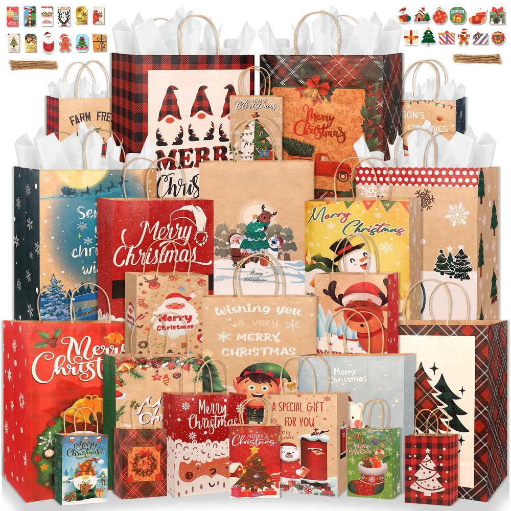 qonimi 24 Christmas Gift Paper Bags Bulk with handles Wrapping, Xmas Holiday Presents Christmas Gift Bags Party Favors(6 Jumbo,6 Large,6 Medium,6 Small)