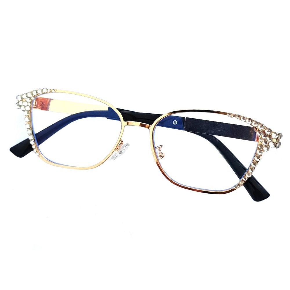 willochra Rectangle Bling Rhinestone Reading Glasses For Women Blue Light Blocking Reader Computer Eyeglass Frame (GOLD, 3.25, x)