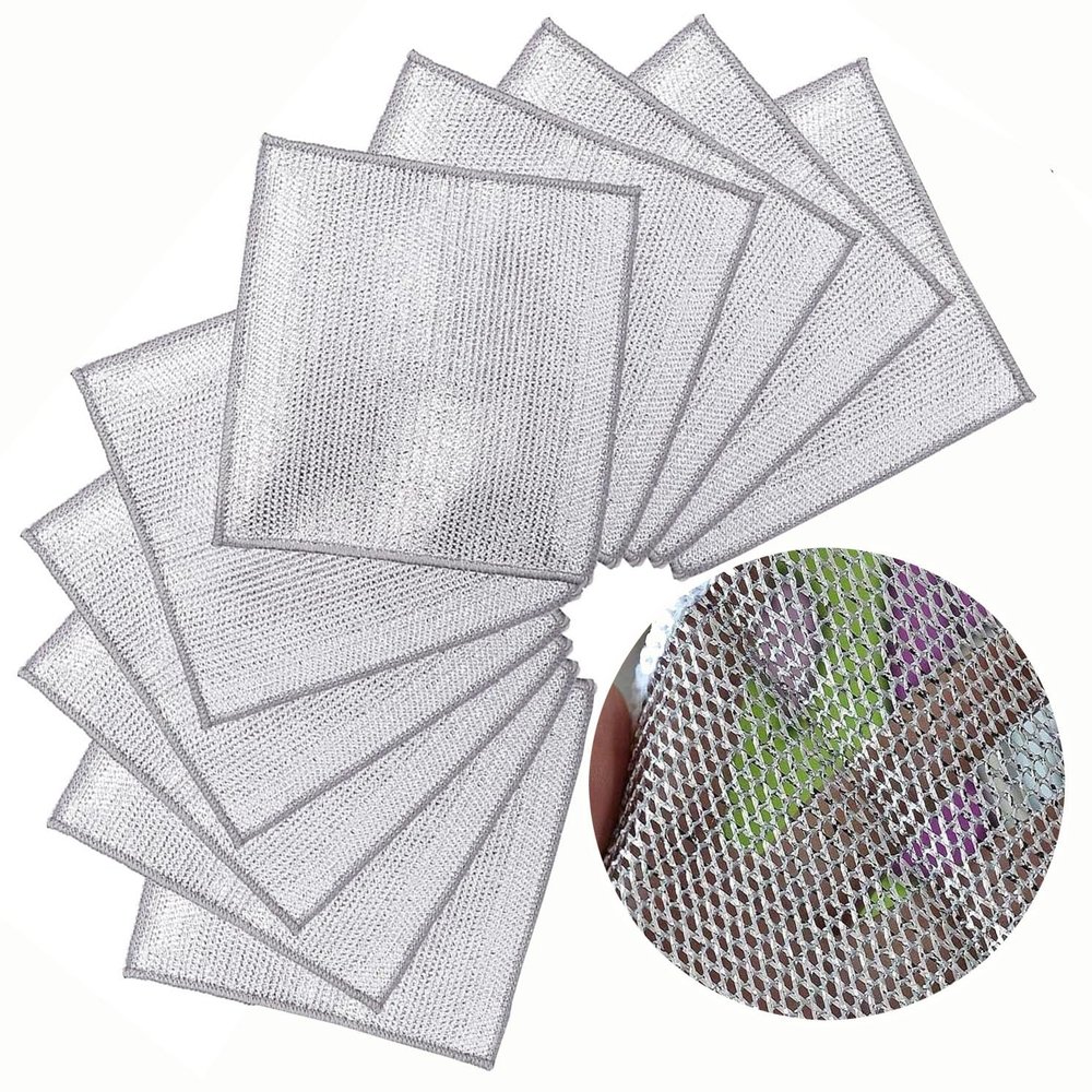 BLLMTEAR 10PCS Double Wet and Dry Wire Dishcloth, Stainless Steel Scrubber, Multi-Purpose Wire Miracle Cleaning Cloths, Non-Scratch, for Powerful Cleaning of Cookware and More.(@3,10pcs)
