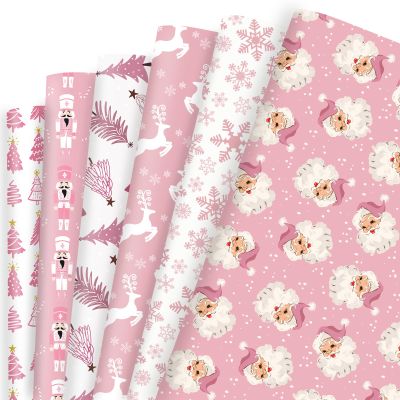 Vnaaem Pink Christmas Wrapping Paper 6 Xmas Style Bulk Santa Nutracker Christmas Trees and Reindeer Designs Folded Flat for Winter Holiday - 20 X 28 Inches (6 Folded Sheet)