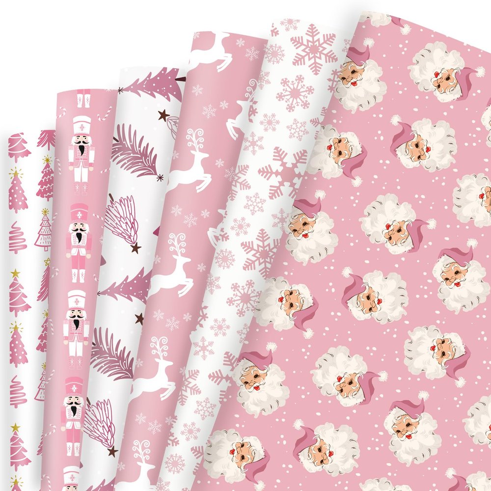 Vnaaem Pink Christmas Wrapping Paper 6 Xmas Style Bulk Santa Nutracker Christmas Trees and Reindeer Designs Folded Flat for Winter Holiday - 20 X 28 Inches (6 Folded Sheet)
