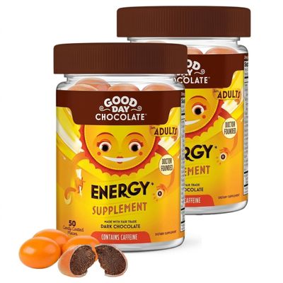 Good Day Chocolate Energy Supplements for Adults [2 Pack] Fair Trade Caffeine Chocolate with B-Vitamins, Green Tea Extracts and 20 mg Caffeine Per Piece - Energy Booster for Women and Men