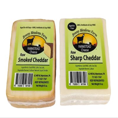 Breezy Meadows Farm Raw Smoked Cheddar (2 x 8 oz) and Raw Sharp Cheddar (2 x 8 oz)