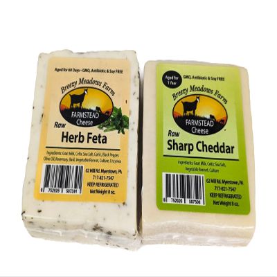 Breezy Meadows Raw Herb Feta (4 x 8 oz Block) and Raw Sharp Cheddar (4 x 8 oz Block)