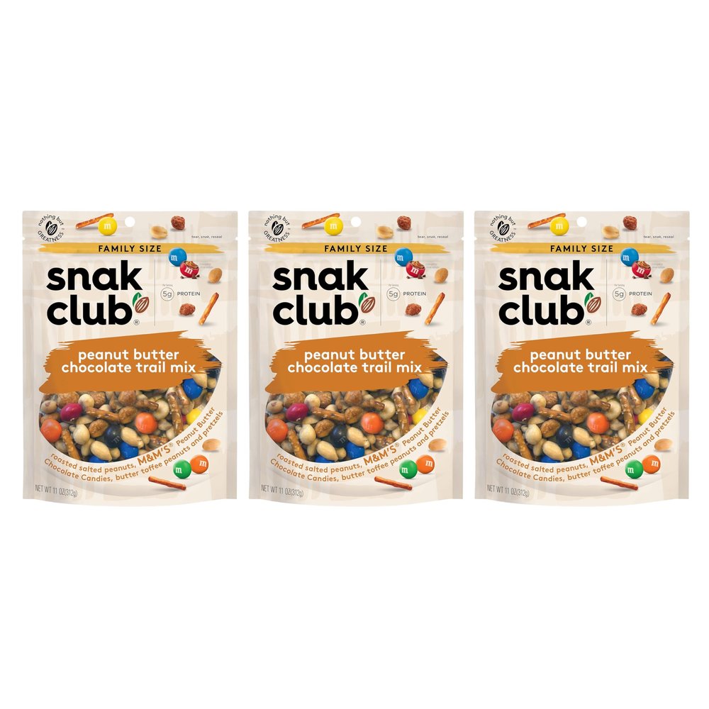 Snak Club Peanut Butter Chocolate Trail Mix with Peanuts, Peanut Butter M&MS, Toffee Peanuts, and Pretzels, 11 oz Resealable Bags, 3 Pack