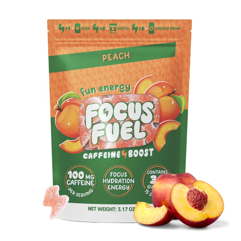 FocusFuel Energy Chews Peach Flavor (15 Servings) 100mg Caffeine + Alpha GPC+ L-Theanine + B12, Magnesium Smooth Focus & Energy No Crash or Jitters