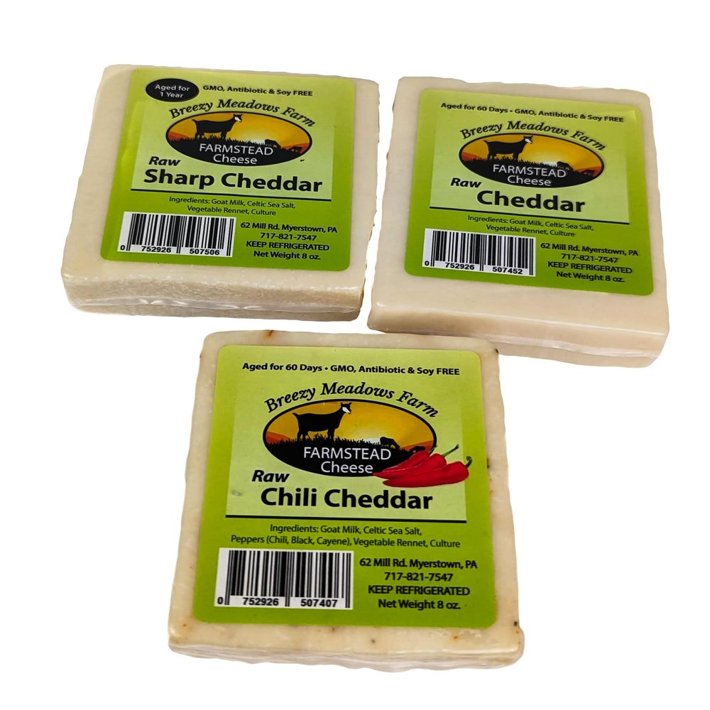 Breezy Meadows Farm Raw Chili Cheddar (8 oz), Raw Sharp Cheddar (8 oz), and Raw Cheddar (8 oz)