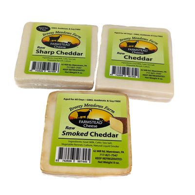 Breezy Meadows Farm Raw Smoked Cheddar (8 oz), Raw Sharp Cheddar (8 oz), and Raw Cheddar (8 oz)