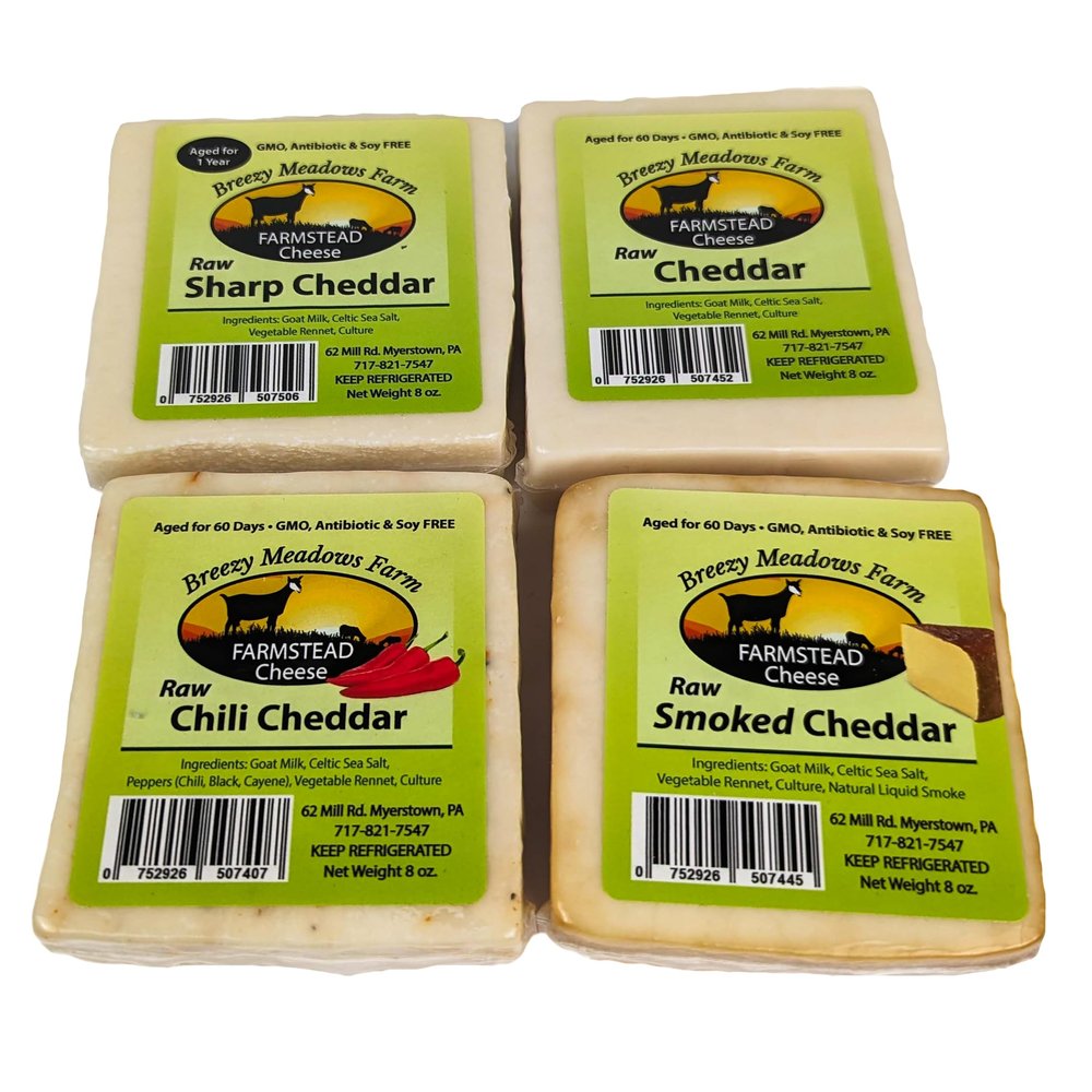Breezy Meadows Farm Raw Sharp Cheddar (2 x 8 oz), Raw Cheddar (2 x 8 oz), Raw Chili Cheddar (2 x 8 oz) and Raw Smoked Cheddar (2 x 8 oz)