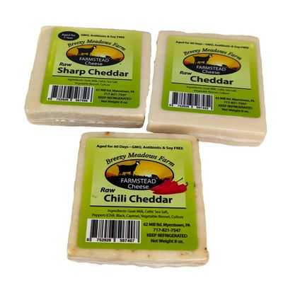 Breezy Meadows Farm Raw Chili Cheddar (2 x 8 oz), Raw Sharp Cheddar (2 x 8 oz) and Raw Cheddar (2 x 8 oz)