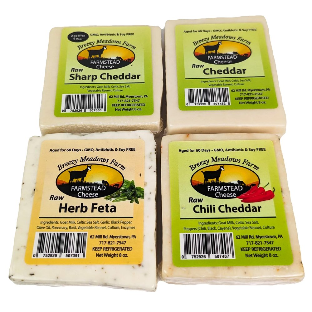 Breezy Meadow Farms Raw Sharp Cheddar (2 x 8 oz), Raw Cheddar (2 x 8 oz), Raw Herb Feta (2 x 8 oz), and Raw Chili Cheddar (2 x 8 oz)
