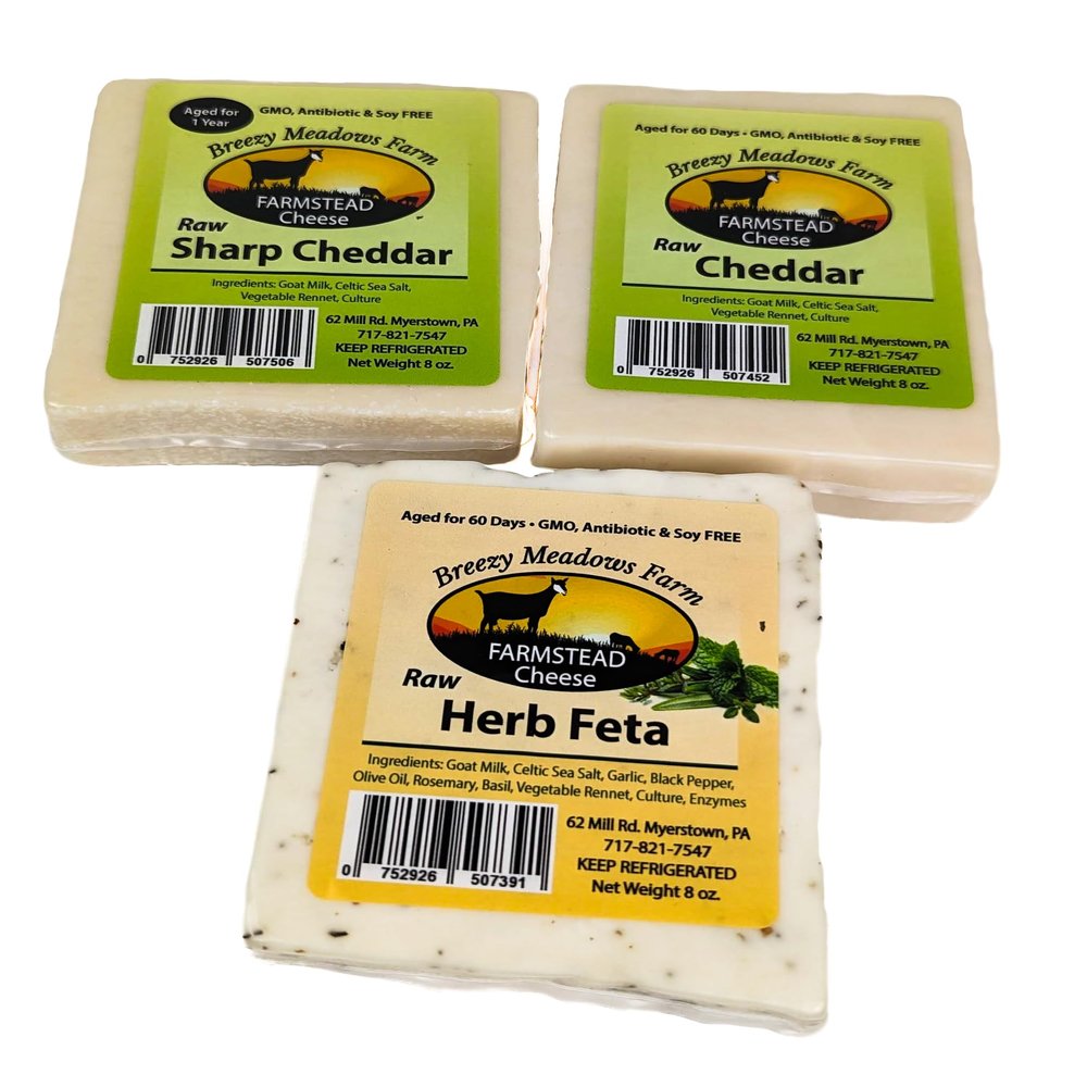 Breezy meadows Farm Raw Herb Feta (2 x 8 oz), Raw Sharp Cheddar (2 x 8 oz), and Raw Cheddar (2 x 8 oz)
