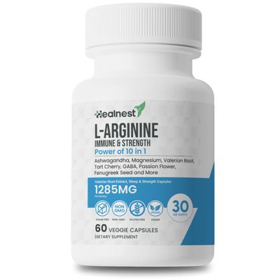 HEALNEST L-Arginine Capsules - 1285MG Blend of Ashwagandha, L-Theanine, Magnesium, GABA, Zinc & Tart Cherry - Non-GMO, 60 Veggie Capsules for Men and Women