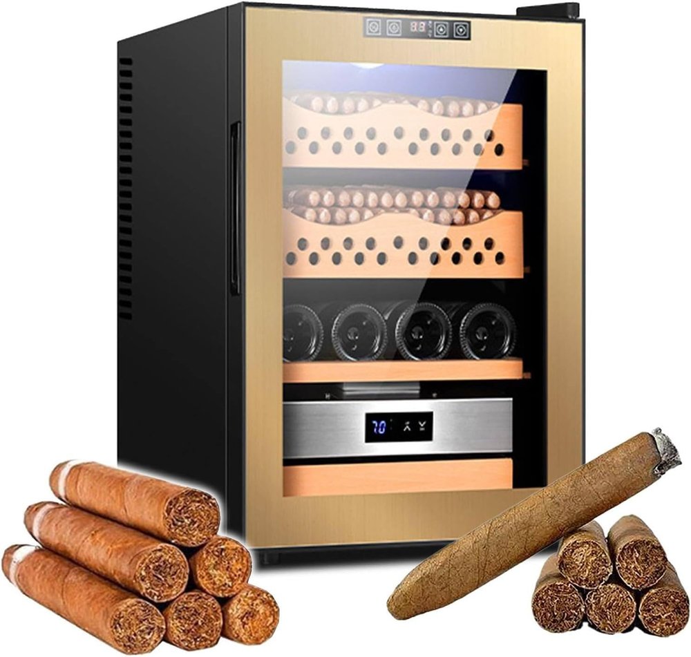 Electronic Cooler Humidor,50L Cigar Humidor Cabinet,Electric Cigar Humidors,with Cedar Wood Shelves Drawer,Temperature Control Touch Display,for 200-300 Cigars,for Cigar Lovers,Gold-B