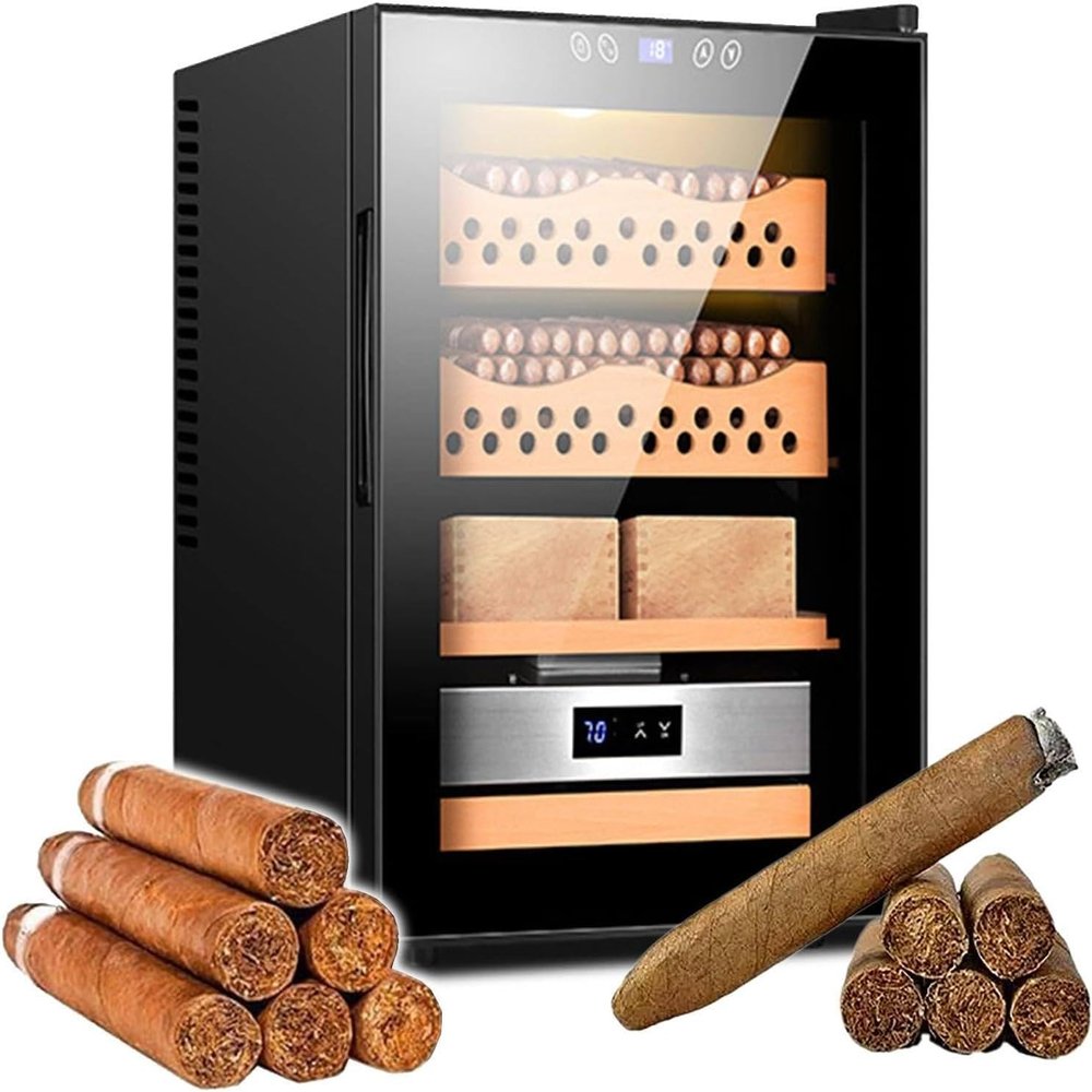 50L Cigar Humidor Cabinet,Electric Cigar Humidors,Electronic Cooler Humidor,with Cedar Wood Shelves Drawer, Smart Temperature Control Touch Display,for 200-300 Cigars,Black-B