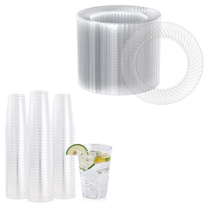 FOCUSLINE 100 Count 7 Inch Clear Plastic Plates & 100 Count 12 oz Clear Plastic Cups, Heavy Duty Plastic Dessert Plates and Fancy Disposable Clear Cups for Weddings, Parties and Events