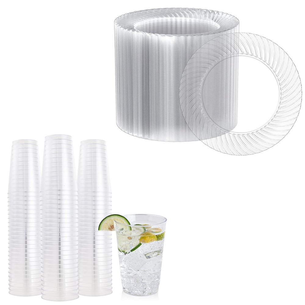 FOCUSLINE 100 Count 7 Inch Clear Plastic Plates & 100 Count 12 oz Clear Plastic Cups, Heavy Duty Plastic Dessert Plates and Fancy Disposable Clear Cups for Weddings, Parties and Events