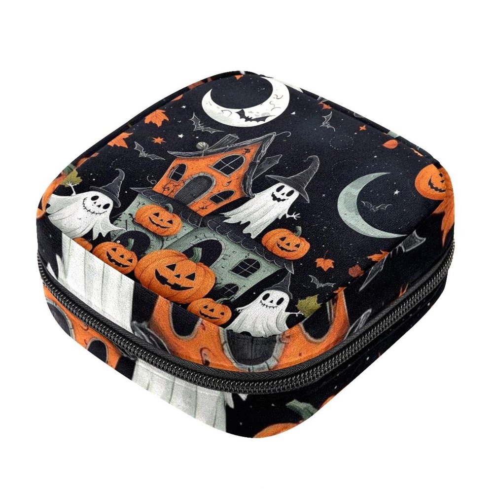Cute Vector Set with Halloween Illustrations 2_120 Sanitary Napkin Storage Bag, Portable Menstrual Pad Bag for Teen Girls Tampons Sanitary Pads for Women Ladies