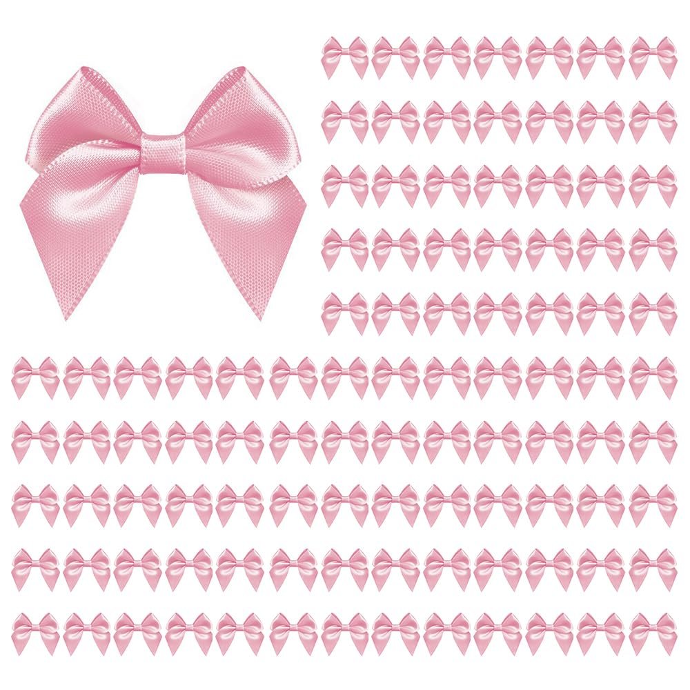 100 PCS Pink Bows for Gift Wrapping, 2.75" Satin Ribbon Bows with Double-Sided Tape, Small Bows for Crafts, Bow Decor, Mini Bows Decorations for Party Baby Shower Birthday Wedding (Pink)