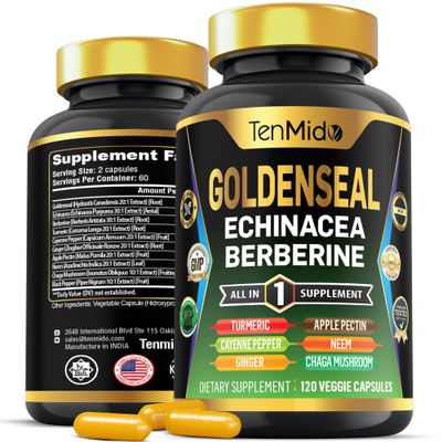 Tenmido Goldenseal Root Supplement - 10in1 Formula - Combine with Echinacea, Berberine, Turmeric, Cayenne Pepper, Ginger, Apple Pectin, Neem, & More - Digestive Health Support - 120 Capsules