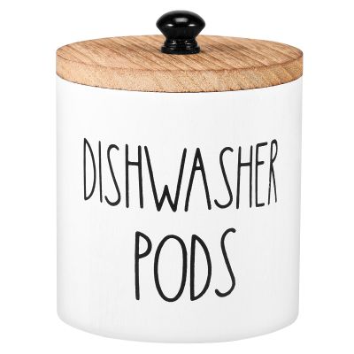 kaimenhong Laundry Pods Containers, Wood Laundry Detergent Pods Container with Lid, Round Dishwasher Pods Holder, Dishwasher Tablet Container for Kitchen Decor and Accessories, 4.74.75.1in (White)