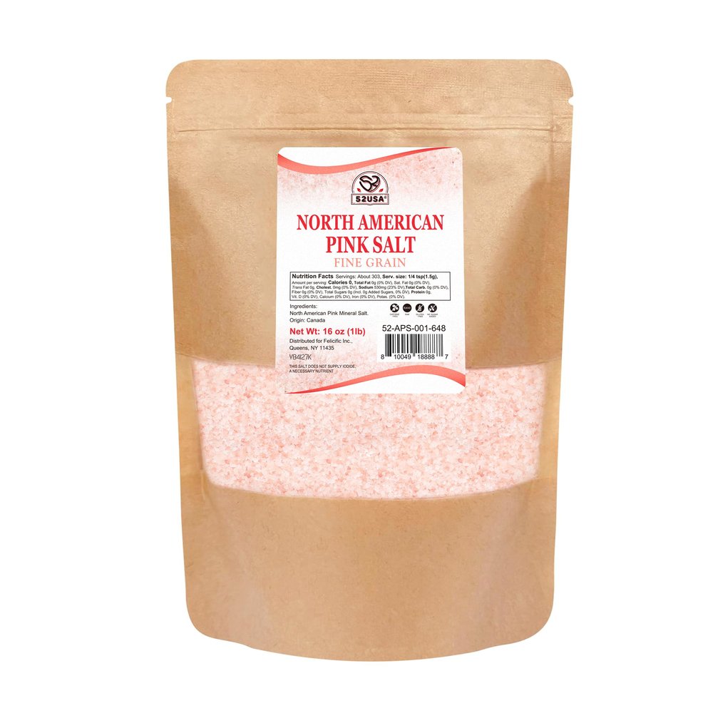 52USA North American Pink Salt, Fine Grain, 1 lb, Rich in Trace Minerals, Kosher, Salt for Grinder Refill, Gluten Free, All Natural Sea Salt, Perfect for Cooking & Seasoning