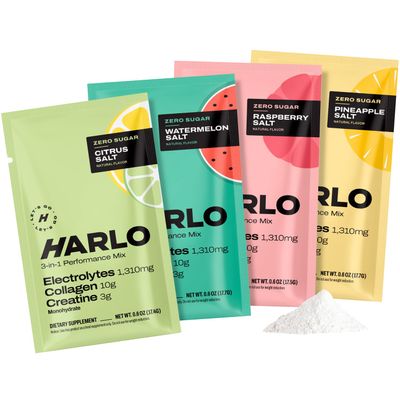 Harlo Electrolytes Powder with Creatine  Sachet Sampler | High Sodium Hydration for Intense Training | Zero Sugar | Includes Collagen | Salty by Design | 4-Flavor Trial (4 Sachets)