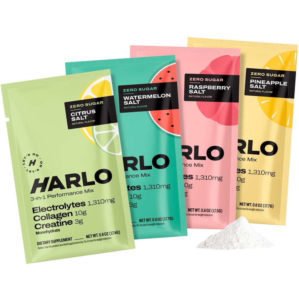 Harlo Electrolytes Powder with Creatine  Sachet Sampler | High Sodium Hydration for Intense Training | Zero Sugar | Includes Collagen | Salty by Design | 4-Flavor Trial (4 Sachets)