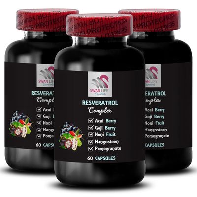 Acai Berry Strength - RESVERATROL COMLEX - Blueberry Balance, Elderberry Boost, Hydration Factor, Goji Berry Power, Pomegranate Energy, Grape Skin Boost, Daily Antioxidants 3 Bottles 180 Capsules
