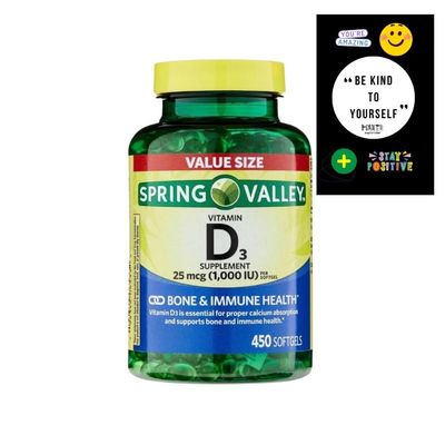 Spring Valley Vitamin D3 Supplement Softgels, 25 Mcg (1,000 IU), 450 Count and Card Gift of Maker Explorador Private Label