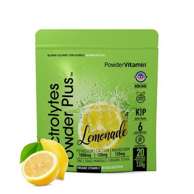 PowderVitamin Electrolytes Powder Plus (20 Servings) Lemonade Electrolyte Powder, No Maltodextrin, Keto,Sugar Free,Pink Himalayan Salt,1000mg Potassium,120mg Calcium,120mg Magnesium,Hydration Powder