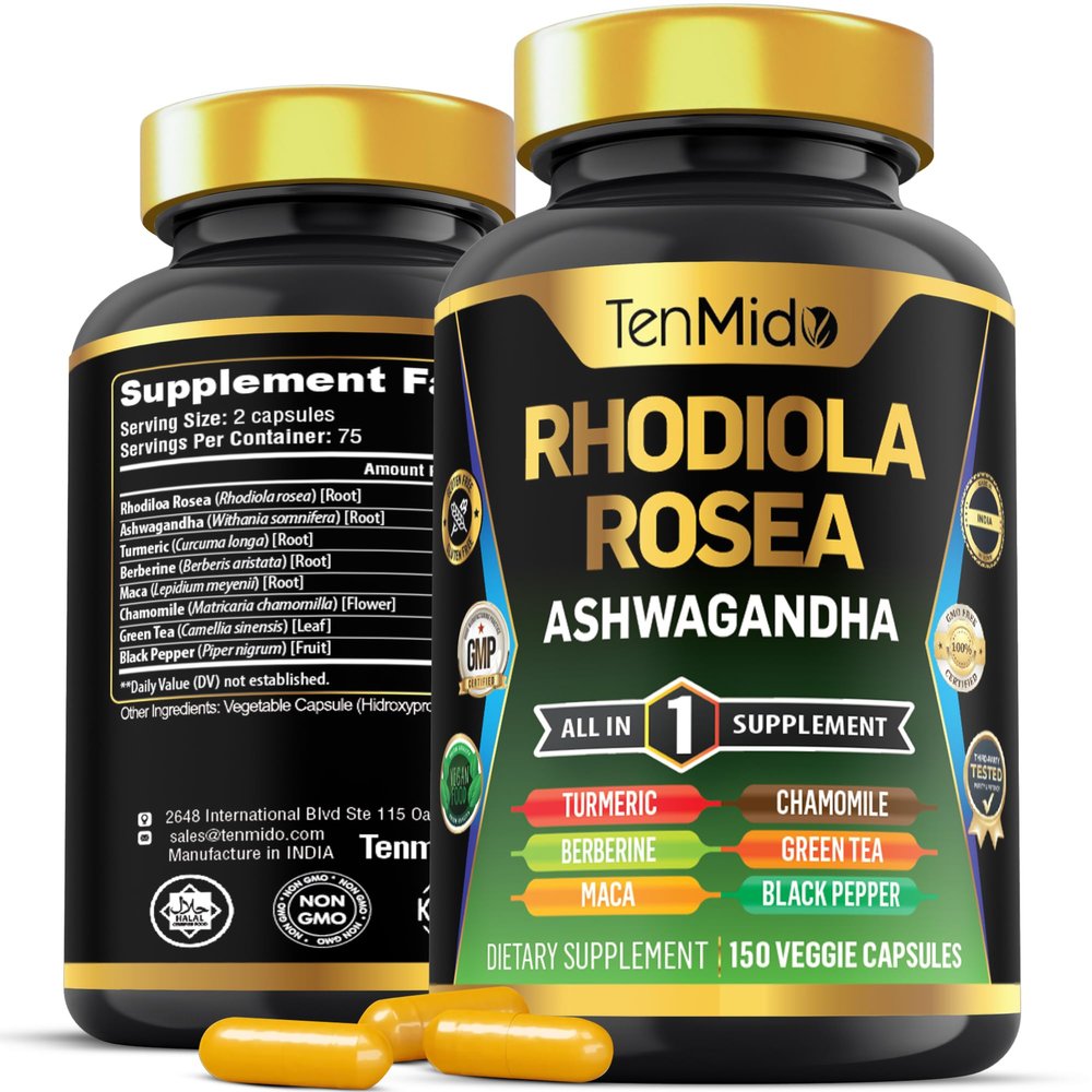 Tenmido Rhodiola Rosea Supplement - 8in1 Formula - Combine with Ashwagandha, Turmeric, Berberine, Maca, Chamomile, Green Tea, and Black Pepper - Nutrient Rich - 150 Vegan Capsules