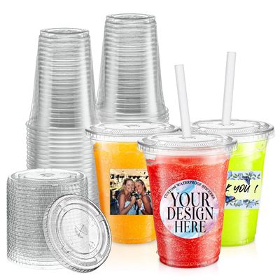 Custom 12/16/20oz Disposable Clear Plastic Cups with Lids and Straws, Transparent Coffee Beverage Soft Cups with Personalized Stickers Labels for Wedding, Party, Business (16oz (500ml))