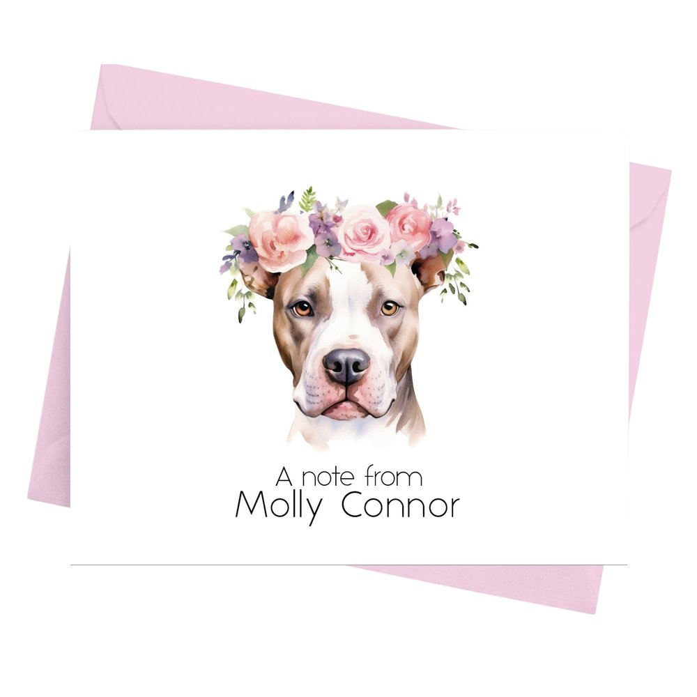 Cathy Wraps Personalized Note Cards with Envelopes, Custom Name Stationery Set for Dog Owners, 10 Folded Blank Thank You Cards for Everyday Use (Pitbull)