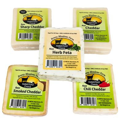 Breezy Meadow Farms Raw Sharp Cheddar (8 oz), Raw Cheddar (8 oz), Raw Herb Feta (8 oz), Raw Smoked Cheddar (8 oz) and Raw Chili Cheddar (8 oz)