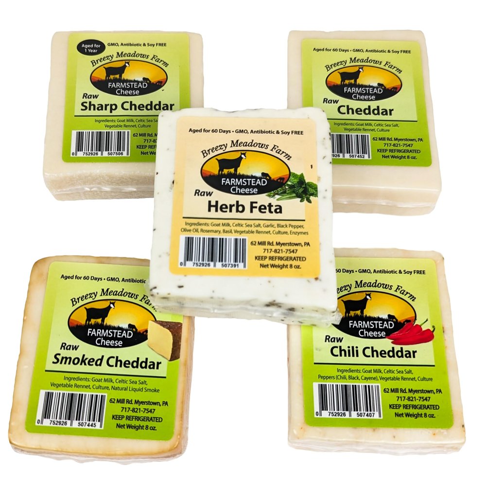 Breezy Meadow Farms Raw Sharp Cheddar (8 oz), Raw Cheddar (8 oz), Raw Herb Feta (8 oz), Raw Smoked Cheddar (8 oz) and Raw Chili Cheddar (8 oz)