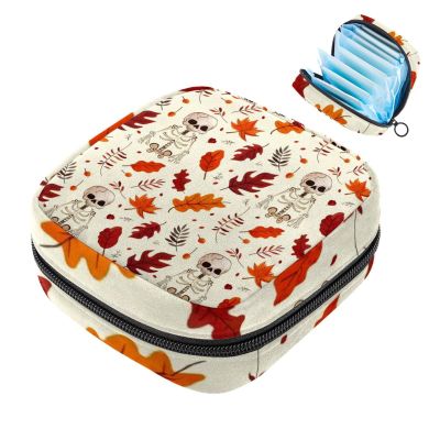 Autumn with Skeleton (2) Sanitary Napkin Storage Bags Menstrual Cup Pouches Nursing Pad Holder Tampon Bags
