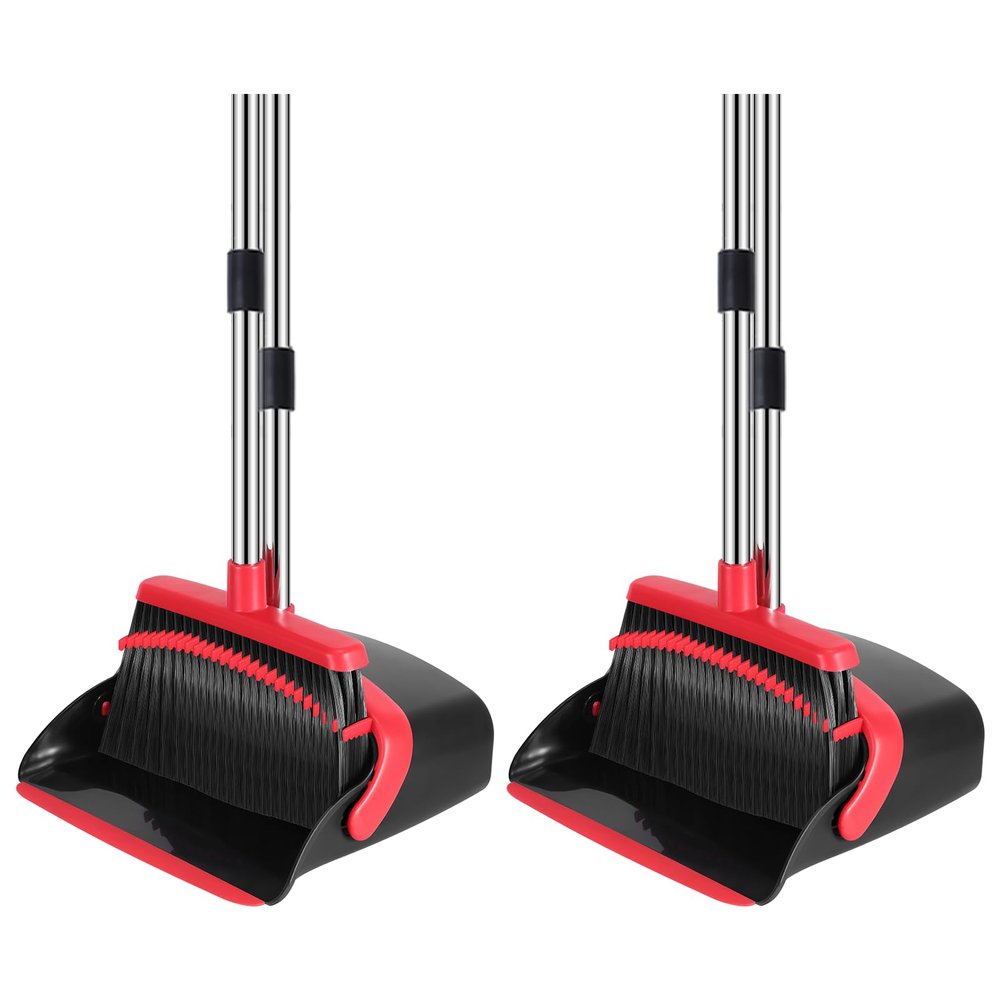 NACENA Broom and Dustpan Set, 52-in Long Adjustable Handle Broom Dustpan Combo with Dustpan Teeth to Automatically Clean Hair Suitable for Home Kitchen Office Hall Floor (Black&Red), 2 Pack