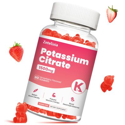 Zetelixia Potassium Gummies for Adults Women & Men, Potassium Citrate Supplement, Support Leg Cramps, Muscle Health & Electrolyte Balance, Sugar Free, Organic, Vegan, Strawberry, 60 Cts