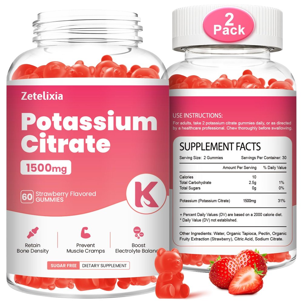 Zetelixia 2 Pack Potassium Gummies for Adults Women & Men, Potassium Citrate Supplement, Support Leg Cramps, Muscle Health & Electrolyte Balance, Sugar Free, Organic, Vegan, Strawberry, 120 Cts