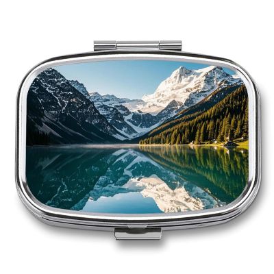 Pill Box with Mirror 2 Compartment Alpine Lake Pill Case Portable Pill Box for Pocket Purse Travel Pill Organizer Daily Medicine Organizer for Vitamins Supplements