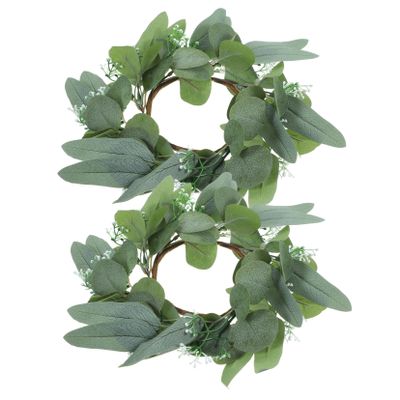 BIUDECO 2pcs Eucalyptus Candle Rings Wreaths Faux Greenery Centerpieces for Weddings Parties and Home Decor Realistic Floral Candle Holders for Pillar