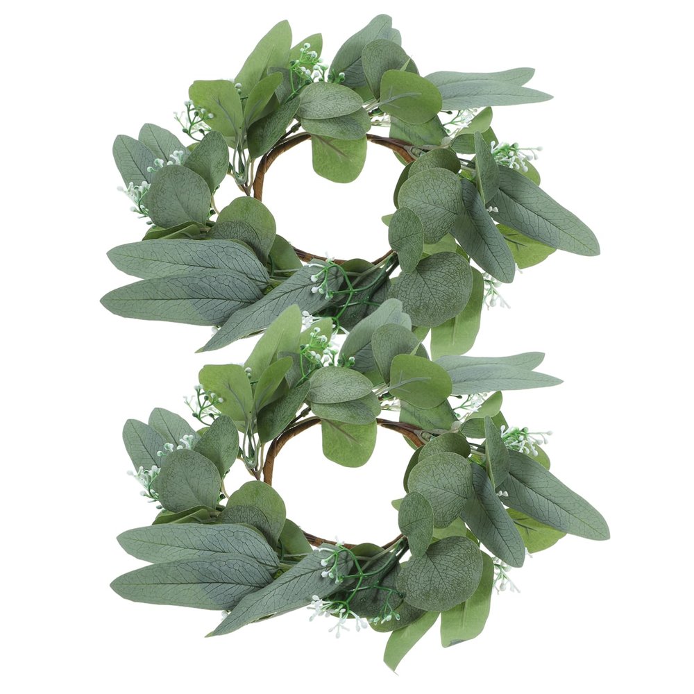 BIUDECO 2pcs Eucalyptus Candle Rings Wreaths Faux Greenery Centerpieces for Weddings Parties and Home Decor Realistic Floral Candle Holders for Pillar