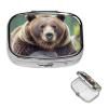 Grizzly Bear Pill Box 2 Compartment Pill Case for Purse & Pocket Cute Pill Organizer with Mirror Portable Travel Pillbox Metal Square Medicine Organizer Unique Gift view 1