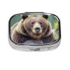 Grizzly Bear Pill Box 2 Compartment Pill Case for Purse & Pocket Cute Pill Organizer with Mirror Portable Travel Pillbox Metal Square Medicine Organizer Unique Gift view 2
