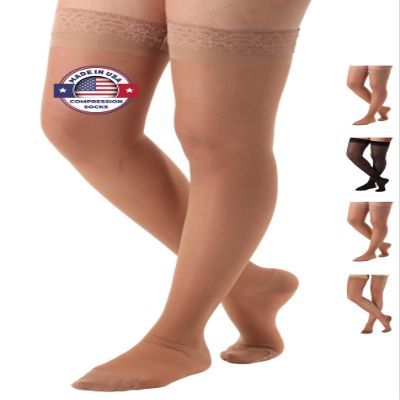 ABSOLUTE SUPPORT Made in USA - Compression Thigh High Stockings with Silicone Border for Women 15-20mmHg | For Lymphedema, Swelling, Post Surgery Recovery - Nude, Small, A102NU1