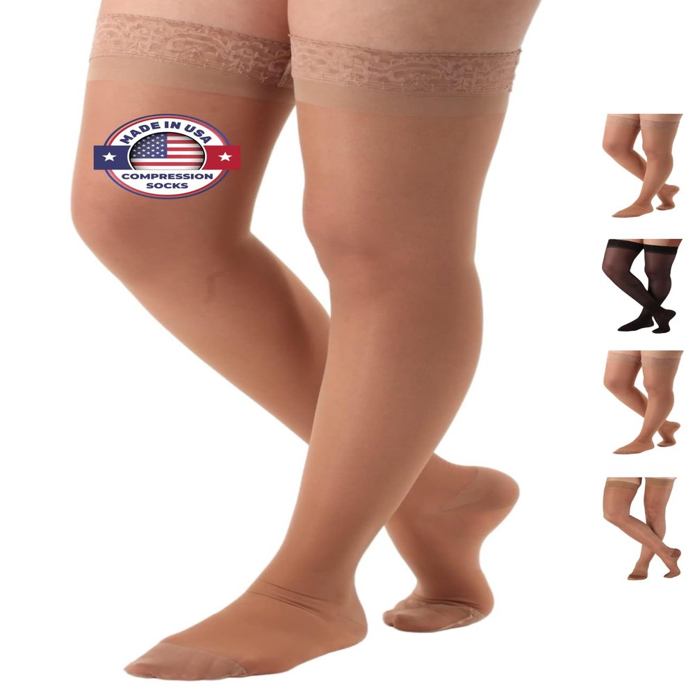 ABSOLUTE SUPPORT Made in USA - Compression Thigh High Stockings with Silicone Border for Women 15-20mmHg | For Lymphedema, Swelling, Post Surgery Recovery - Nude, Small, A102NU1
